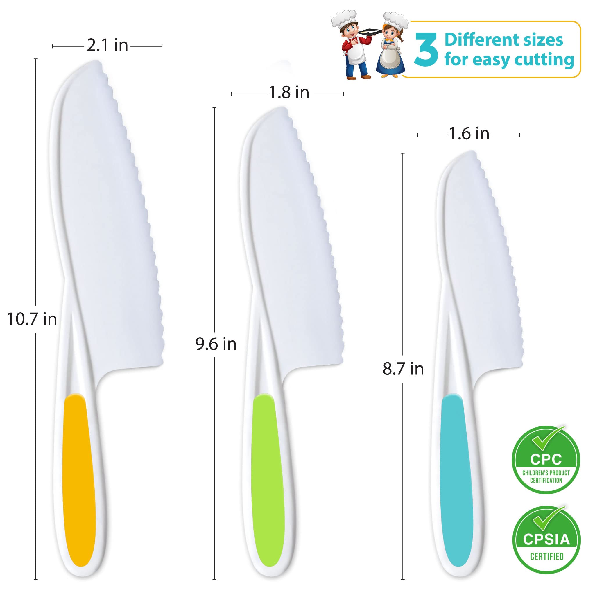 MGS Kids Knife Set of 3 for Cooking and Cutting Cakes, Fruits and Veggies Perfectly Safe for Kids Toddler Knife Set for Real Cooking