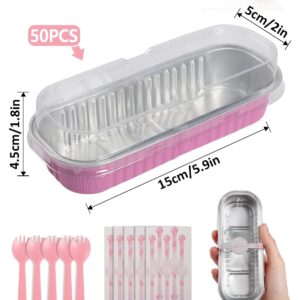 Bigmeta Mini Loaf Pans with Lids and Spoons- 50 Pack 6.8oz Aluminum Bread Cupcake Pie Foil Pans with Sealing Sticker, Rectangle Disposable Cake Tins Brownie Baking Cups for Picnics Party