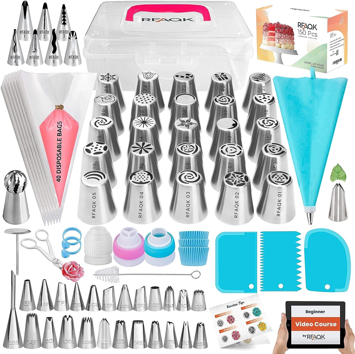 RFAQK 150PCs Russian Piping Tips Complete Set - Cookie Cupcake Cake Decorating Kit includes Numbered Piping Tips (24 Icing Tips+25 Russian Tips+7 Ruffle Tips+Ball Tip+41 Pastry Bags+EBook+Booklet)