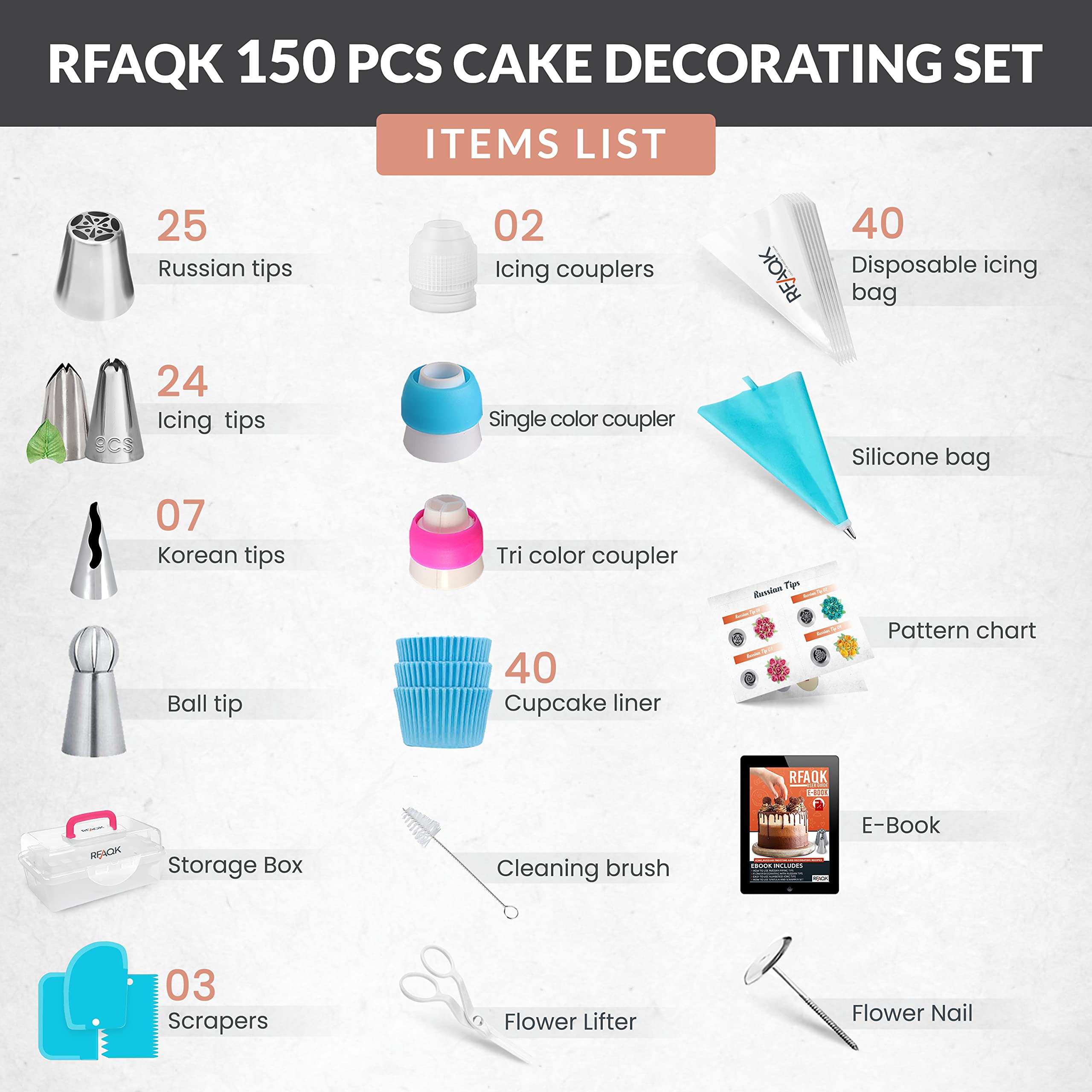 RFAQK 150PCs Russian Piping Tips Complete Set - Cookie Cupcake Cake Decorating Kit includes Numbered Piping Tips (24 Icing Tips+25 Russian Tips+7 Ruffle Tips+Ball Tip+41 Pastry Bags+EBook+Booklet)