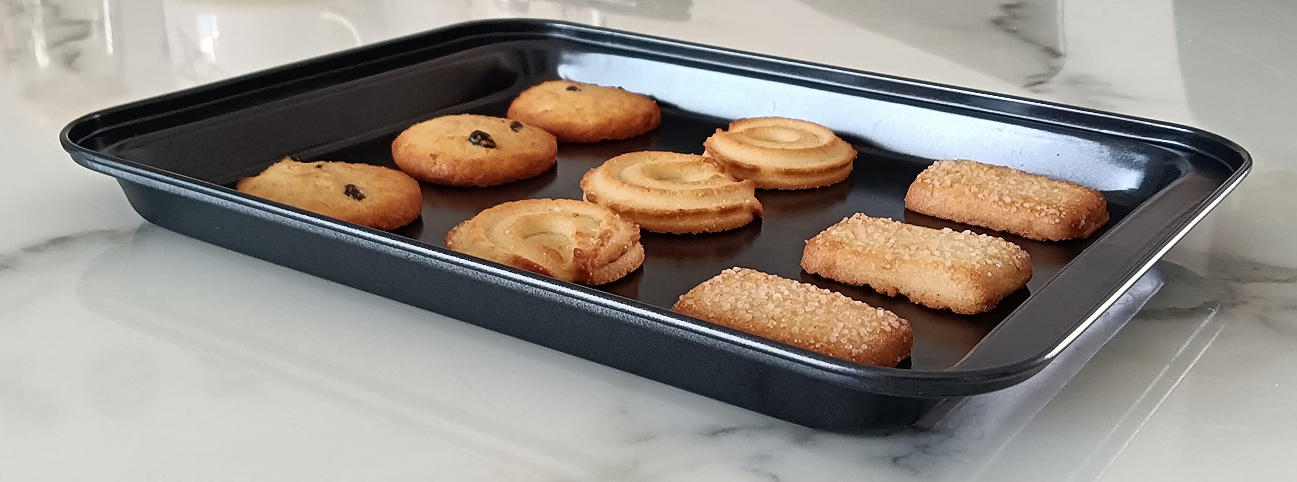 HYTK 2 Small Baking Sheets 9.45 X 7.09 Inch (Inner 7.5x6) Mini Cookie Tray Toaster Conventional Oven Pan Nonstick No Warp Magnetic Bakeware for 1 or 2 Person