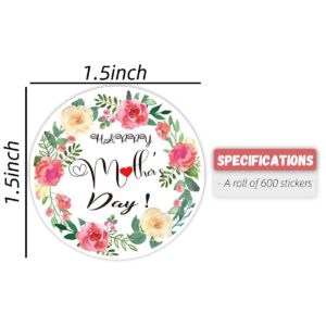 600pcs Happy Mother's Day Stickers, 1.5 inch Floral Envelope Seals Labels Stickers for Gifts Card Candy Bag Cookie Box Cupcake Party Favors Dessert Decoration