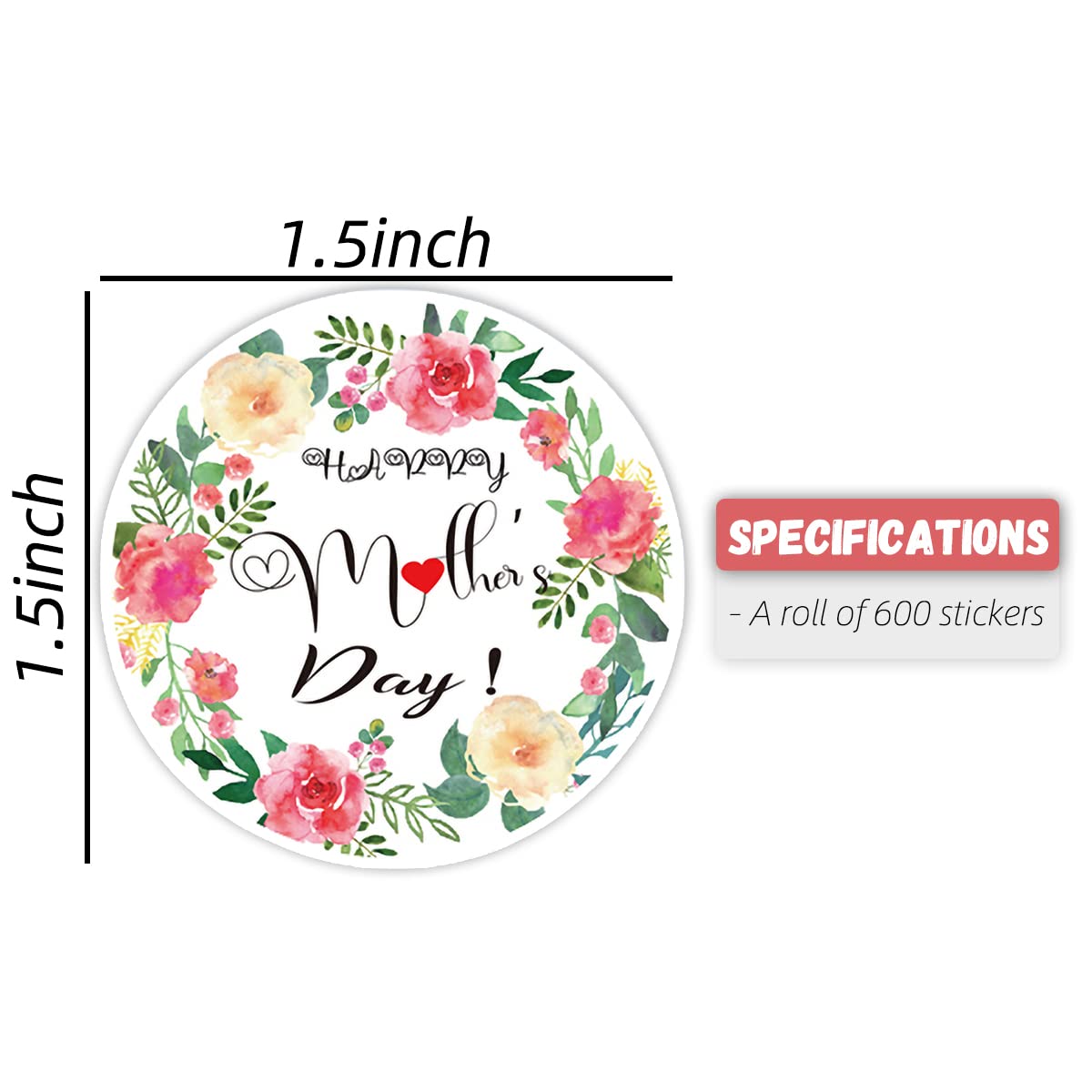 600pcs Happy Mother's Day Stickers, 1.5 inch Floral Envelope Seals Labels Stickers for Gifts Card Candy Bag Cookie Box Cupcake Party Favors Dessert Decoration