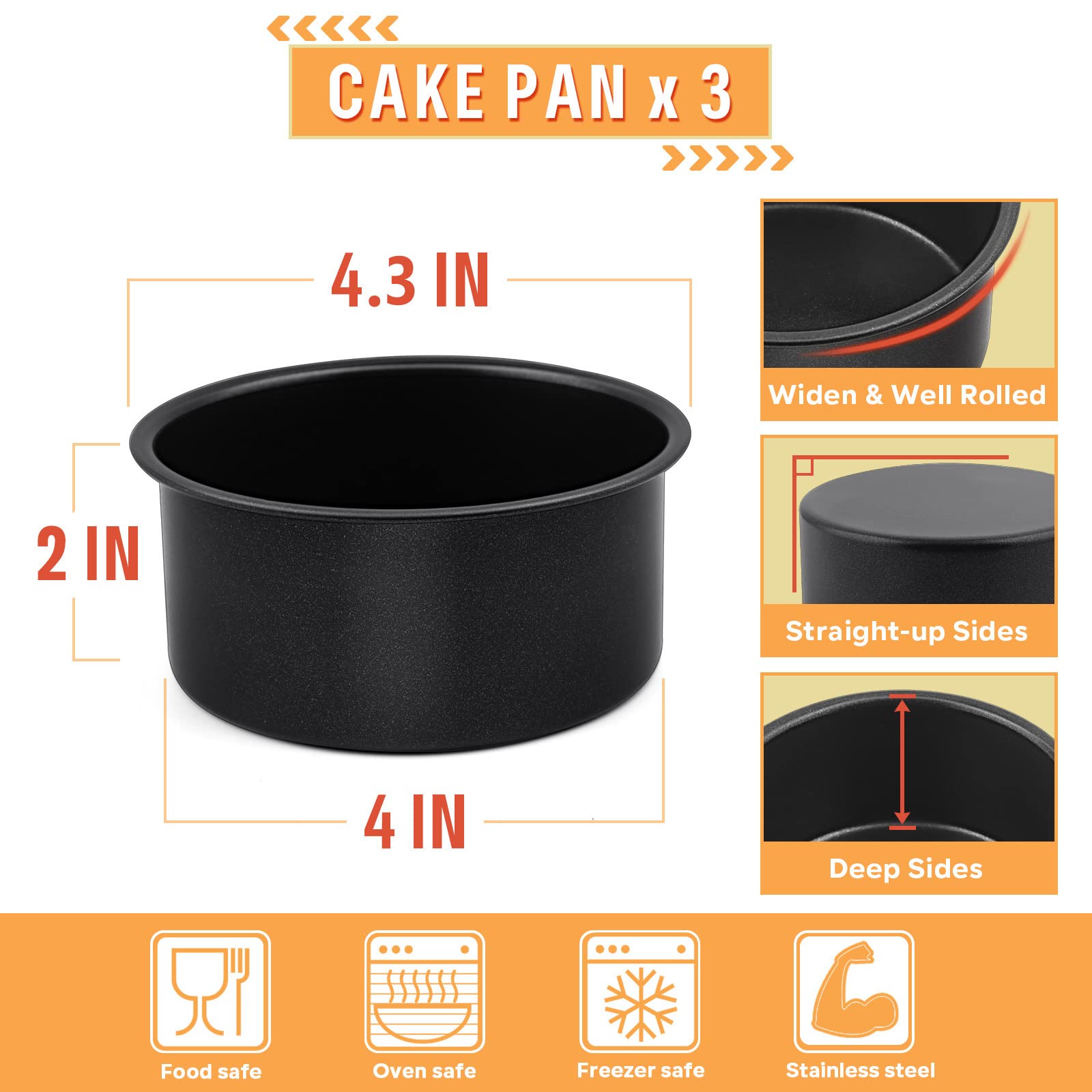 E-far 4 Inch Cake Pan Set of 3, Nonstick Stainless Steel Mini Round Cake Pans Tin, Small Size for Baking Smash Cakes/Cheesecake, Stainless Steel Core & Non-toxic Coating, Straight Side & 2 Inch Deep