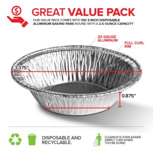 Stock Your Home 100 Count Aluminum Mini Pie Pans - 3 Inch Disposable Recyclable Foil Pie Tins for Bakeries, Cafes, Restaurants
