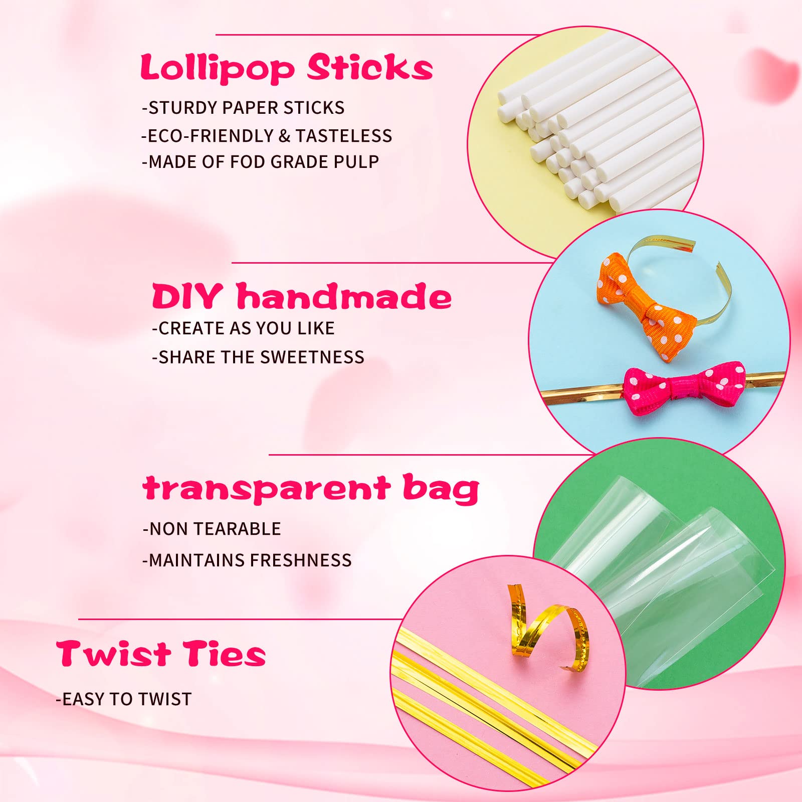SOTMALTK 320Pcs Cake Pop Sticks and Wrappers Kit, Lollipop Sticks Cake Pop Bags with Metallic Twist Ties Bow, Perfect for Making Lollipops, Candies, Chocolates and Cookies - Great for Parties