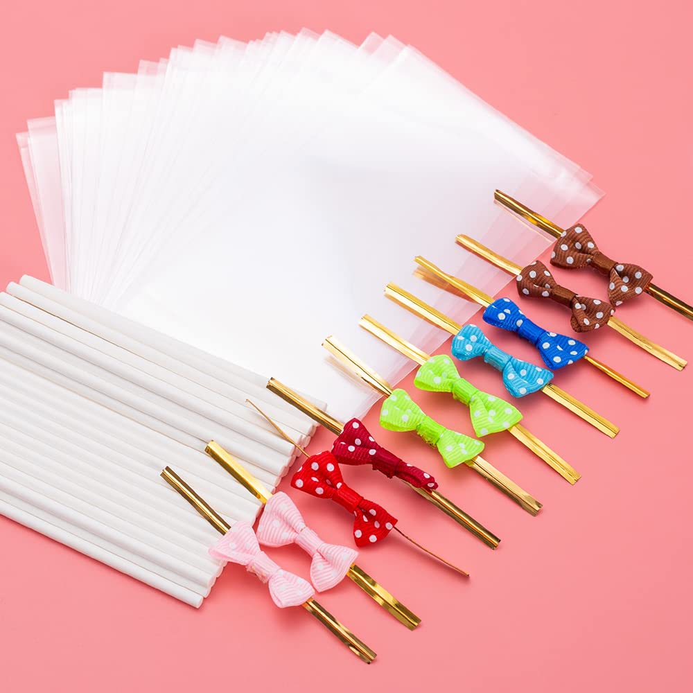 SOTMALTK 320Pcs Cake Pop Sticks and Wrappers Kit, Lollipop Sticks Cake Pop Bags with Metallic Twist Ties Bow, Perfect for Making Lollipops, Candies, Chocolates and Cookies - Great for Parties