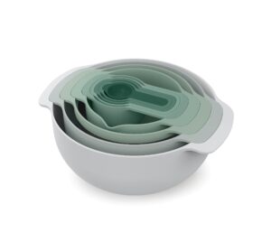 joseph joseph nest 9 plus, 9 piece compact food preparation set with mixing bowls, measuring cups, sieve and colander, editions range, polypropylene, stainless steel, sage green