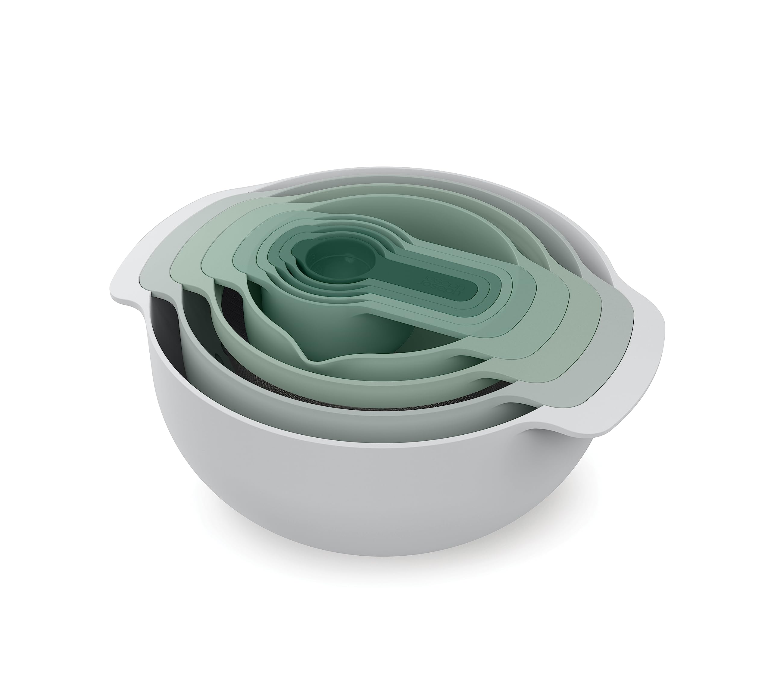 Joseph Joseph Nest 9 Plus, 9 Piece Compact Food Preparation Set with Mixing Bowls, Measuring cups, Sieve and Colander, Editions Range, Polypropylene, Stainless steel, Sage Green