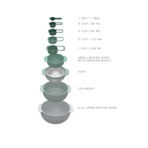 Joseph Joseph Nest 9 Plus, 9 Piece Compact Food Preparation Set with Mixing Bowls, Measuring cups, Sieve and Colander, Editions Range, Polypropylene, Stainless steel, Sage Green