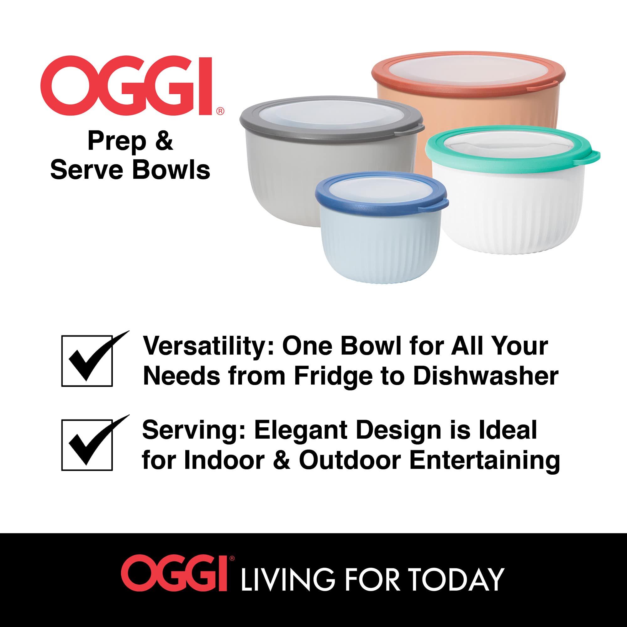 Oggi Prep, Store & Serve Plastic Bowl w/See-Thru Lid- Dishwasher, Microwave & Freezer Safe, (4 qt) White/Aqua