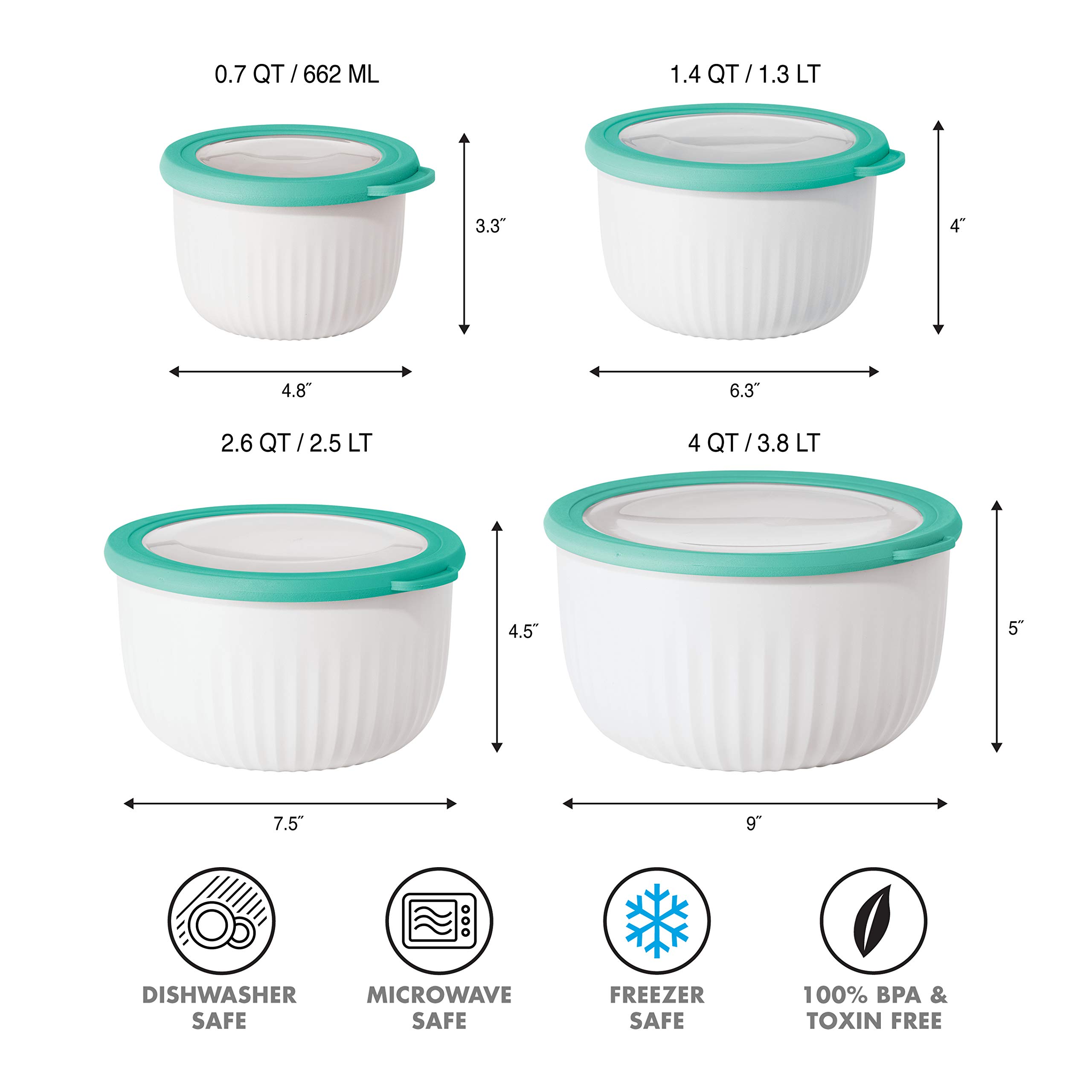 Oggi Prep, Store & Serve Plastic Bowl w/See-Thru Lid- Dishwasher, Microwave & Freezer Safe, (4 qt) White/Aqua