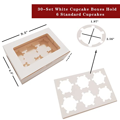 MonYouGe 30-Set Cupcake Boxes Bulk with Clear Display Window Hold 6 Standard Cupcakes, Disposable Food Grade White Cupcake Carrier Cupcake Container, Perfect for Cupcakes Muffins Cookies Pastries