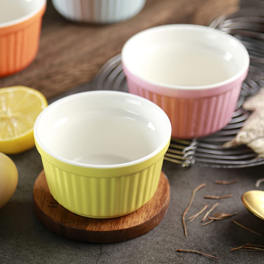 YAZYLIFE Ramekins 6oz Oven Safe,Creme Brulee Ramekins and Souffle Dishes,Porcelain Ramekin Baking Bowls,Dipping Sauce Dish.Pudding Cups,Set of 6,Colorful. (Colorful)