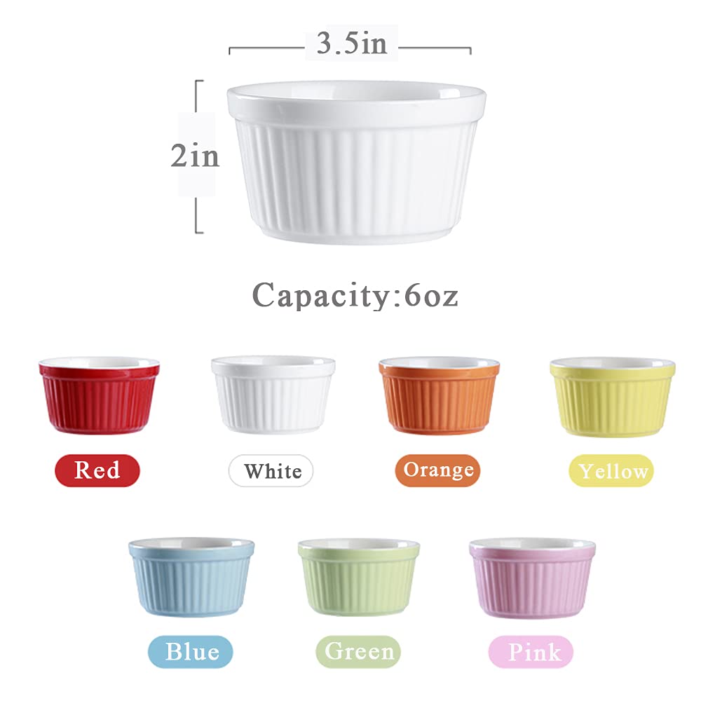 YAZYLIFE Ramekins 6oz Oven Safe,Creme Brulee Ramekins and Souffle Dishes,Porcelain Ramekin Baking Bowls,Dipping Sauce Dish.Pudding Cups,Set of 6,Colorful. (Colorful)