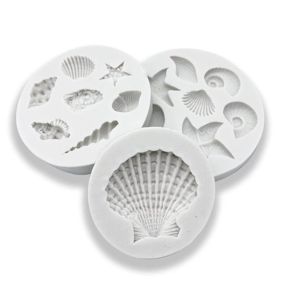 3 PCS Marine Theme Cake Fondant Silicone Mold Seashell Conch Starfish Coral Baking Molds for DIY Cake Decoration Chocolate Candy Polymer Clay Crafting Projects