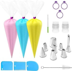 119 pieces disposable piping bags and tips set 12 inches - 100 anti burst pastry bags with 8 nozzle tips, 3 bag ties and 3 cake scrapers, icing piping kit, for frosting and cookie decorating & more