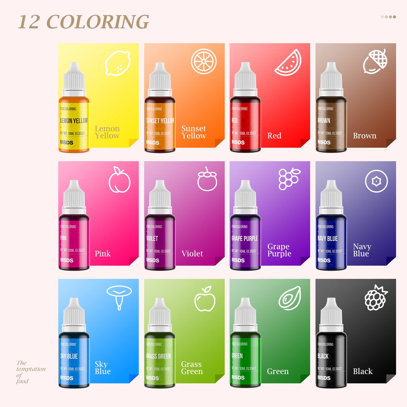 12 Color Cake Food Coloring Set, Food Grade Vibrant Food Color Liquid Dye Tasteless for Baking, Icing, Easter Egg, Fondant, Cooking, Slime Making DIY Supplies Kit - .35 Fl. Oz (10 ml) Bottles