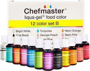 chefmaster - liqua-gel food coloring - 12 color set b - fade resistant - 12 pack - vibrant, eye-catching colors, easy-to-blend formula, fade-resistant - made in the usa