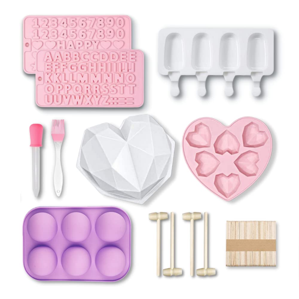 AOYOCO Chocolate Molds Silicone - 2 Sizes Breakable Heart Molds, Popsicle Molds w/ 4 Wood Hammers & 50 Sticks, Mothers Day Chocolate Mold, Number & Letter Molds, for Celebration, Birthday