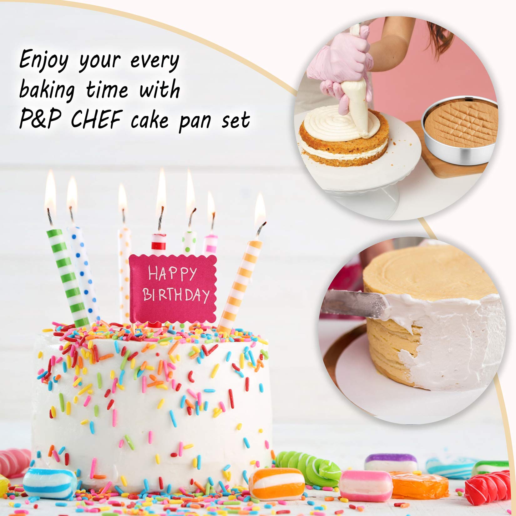 P&P CHEF 8 Inch Cake Pan Set, 3 Pcs Round Baking Pans Stainless Steel Layer Birthday Wedding Cake Pans, Fit Oven/Pots/Pressure Cooker, Non Toxic & Heavy Duty, Dishwasher Safe