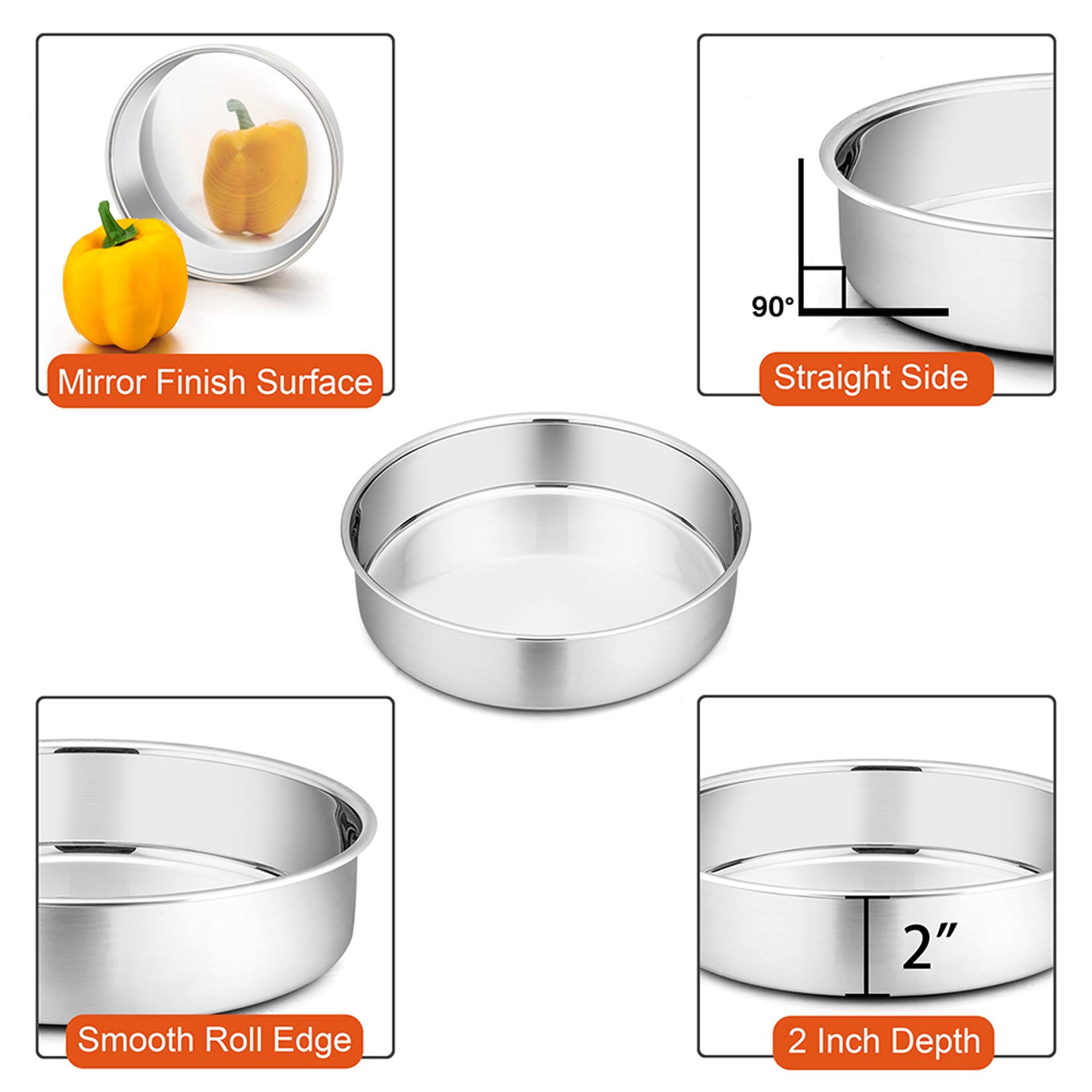 P&P CHEF 8 Inch Cake Pan Set, 3 Pcs Round Baking Pans Stainless Steel Layer Birthday Wedding Cake Pans, Fit Oven/Pots/Pressure Cooker, Non Toxic & Heavy Duty, Dishwasher Safe