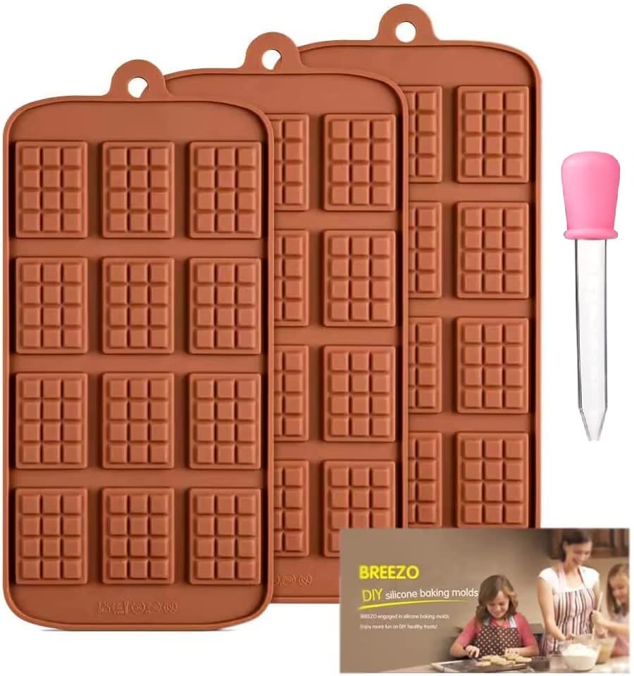 Waffle Chocolate Moulds Silicone Candy Molds, 3PCS12-Cavity Small Break Apart Chocolate Molds Non-Stick Reusable DIY Baking Molds Candy Protein & Energy Bar Moulds + 1 Dropper