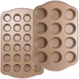 joho baking nonstick muffin pan, mini cupcake pan set, muffin tins for baking, 2 pack, 12-cup and 24-cup, gold