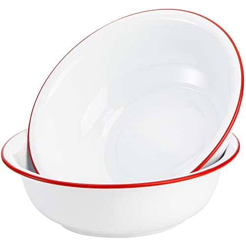 Elsjoy Set of 2 Enamel Bowl, 3 Quart Large Enamel Mixing Bowl White Enamelware with Red Rim, 11 Inch Vintage Enamel Soup Basin for Fruit, Salad, Pasta, Dinner