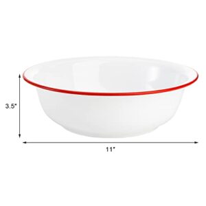 Elsjoy Set of 2 Enamel Bowl, 3 Quart Large Enamel Mixing Bowl White Enamelware with Red Rim, 11 Inch Vintage Enamel Soup Basin for Fruit, Salad, Pasta, Dinner