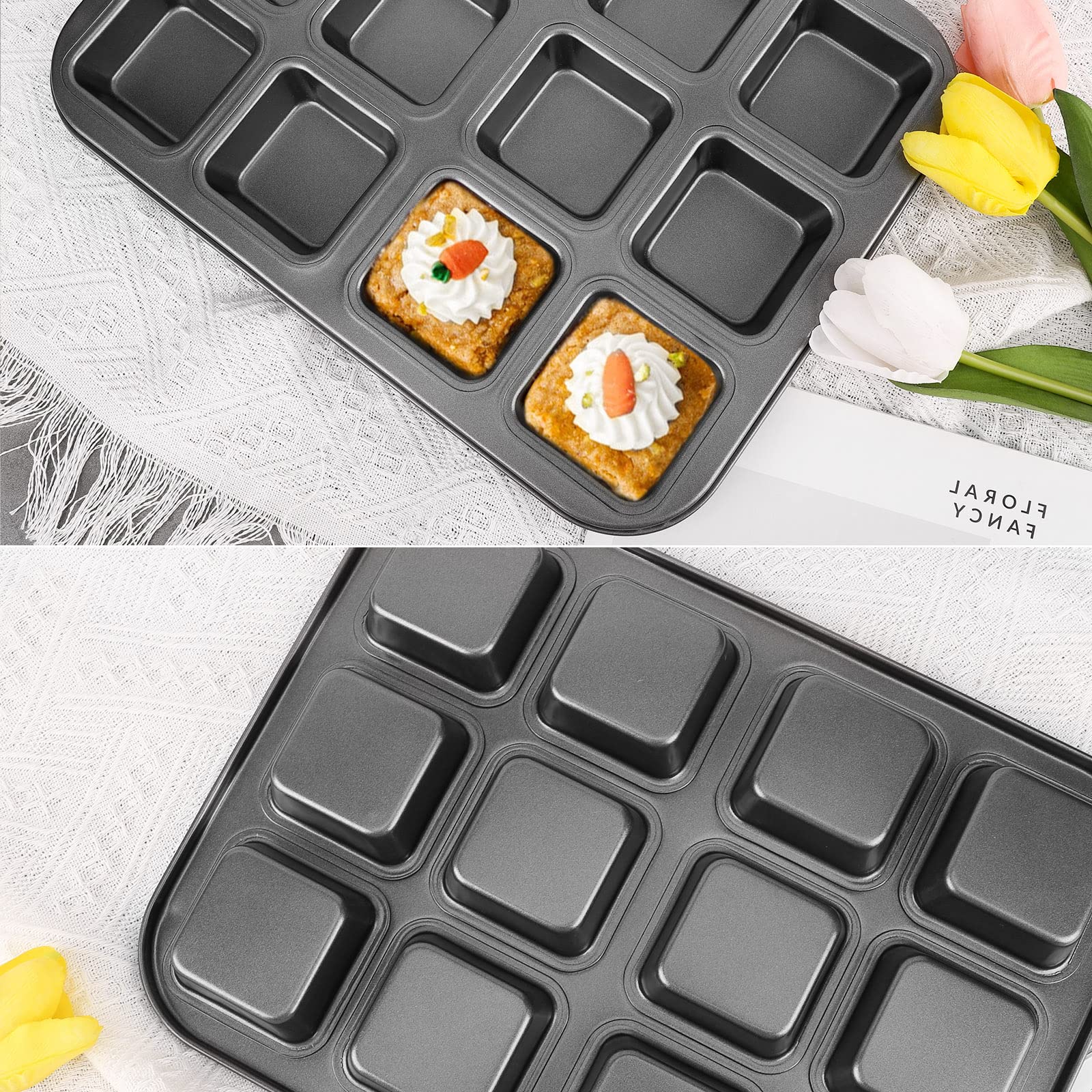 Beasea Brownie Pan with Dividers, 2 Set All Edges Square Cupcake Brownie Pans 12 Mini Cavity Non Stick Baking Carbon Steel Bread Mold Small Edge 3x4 Individual Cutter Sheet Tray for Cake Cookie Oven