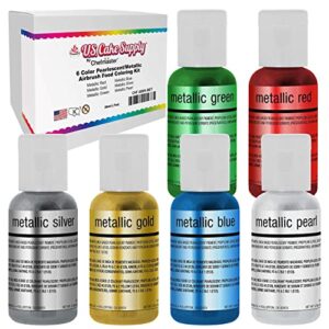 u.s. cake supply airbrush cake pearlescent shimmer metallic color set - the 6 most popular metallic colors in 0.7 fl. oz. (20ml) bottles - safely made in the usa product