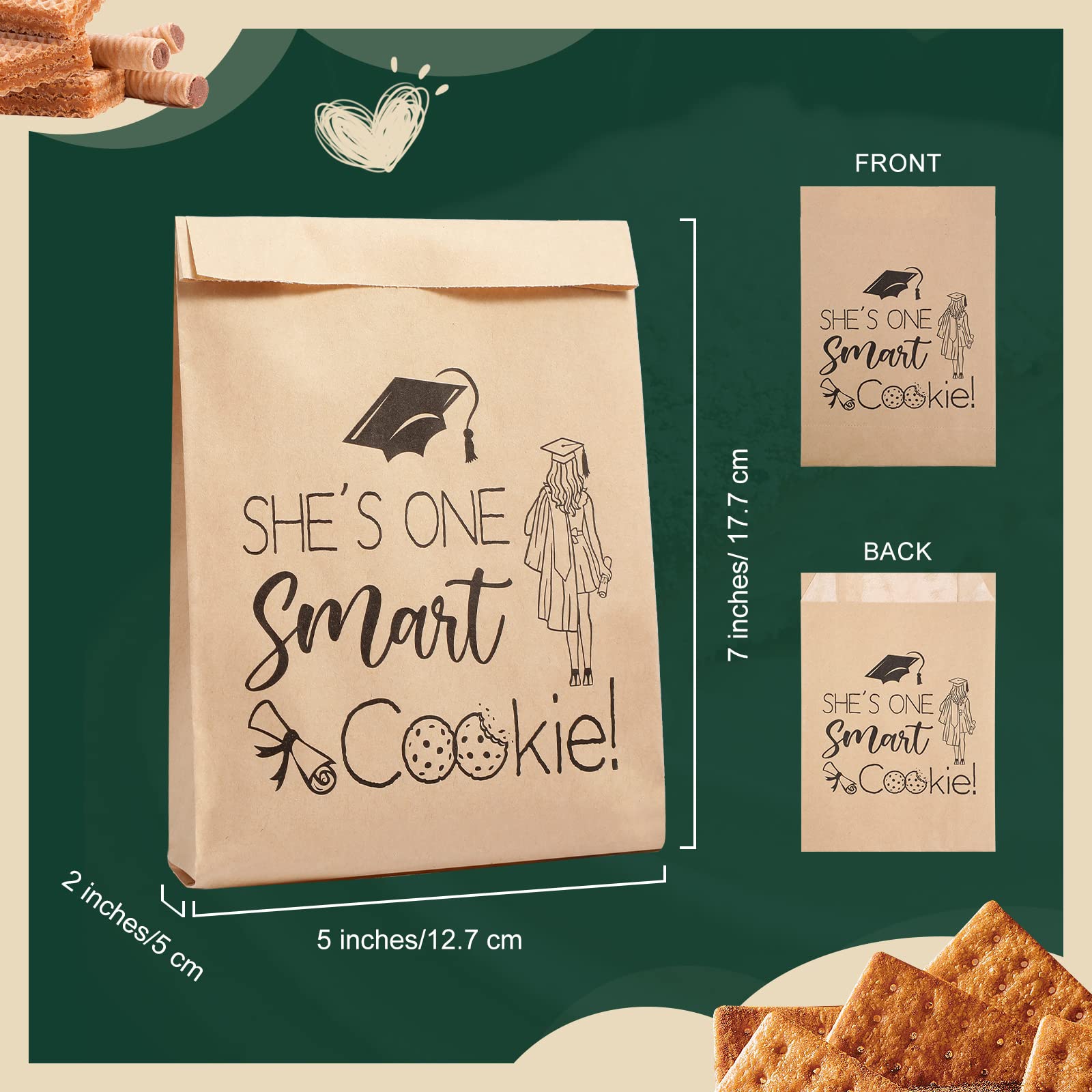 Fuutreo 200 Pcs Graduation Favor Bags Bulk Kraft Paper Treat Bags Congrats Grad Oilproof Brown Paper Bags One Smart Cookie Bags for 2024 Graduation Party Bakery Cookies Snacks Sandwiches Supplies