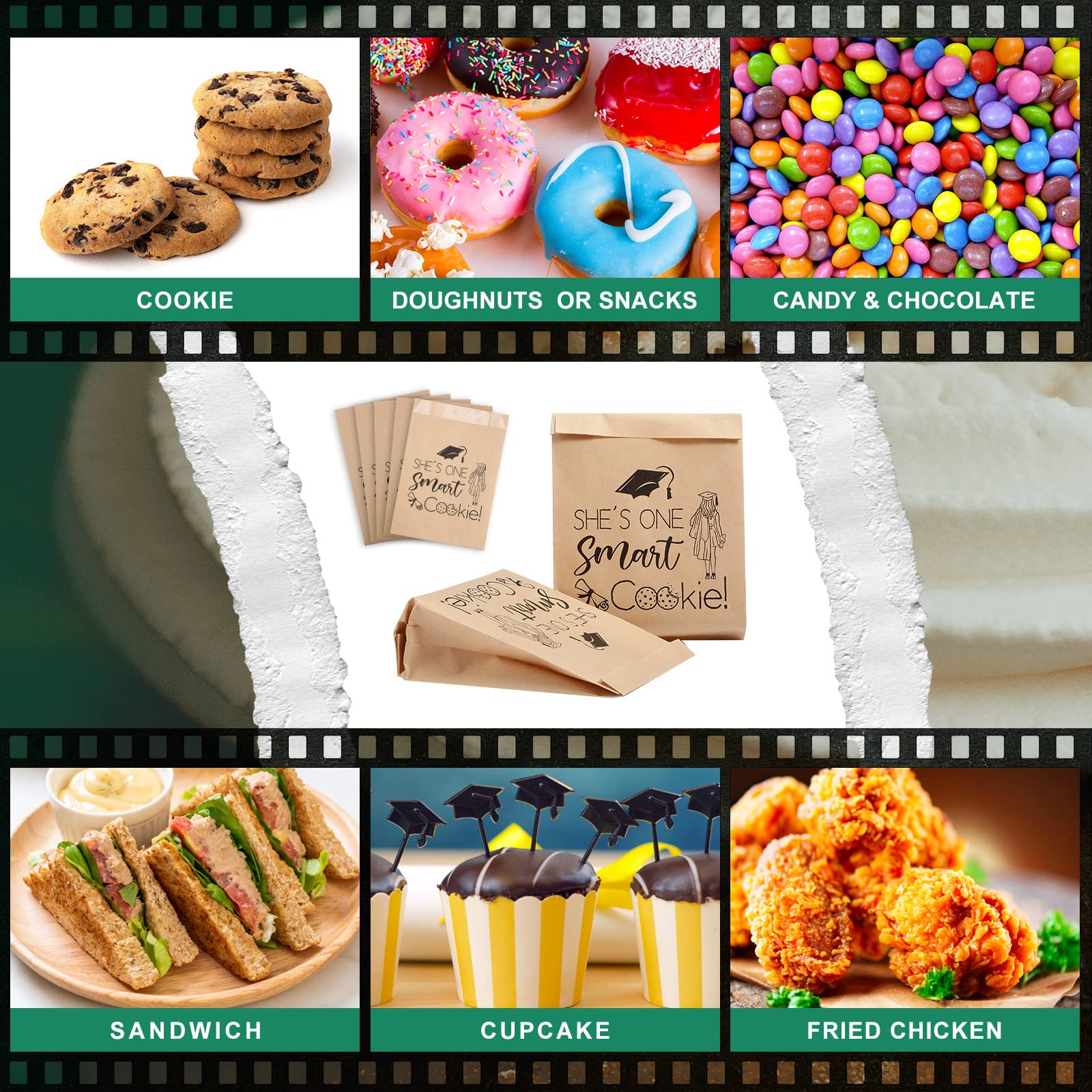 Fuutreo 200 Pcs Graduation Favor Bags Bulk Kraft Paper Treat Bags Congrats Grad Oilproof Brown Paper Bags One Smart Cookie Bags for 2024 Graduation Party Bakery Cookies Snacks Sandwiches Supplies