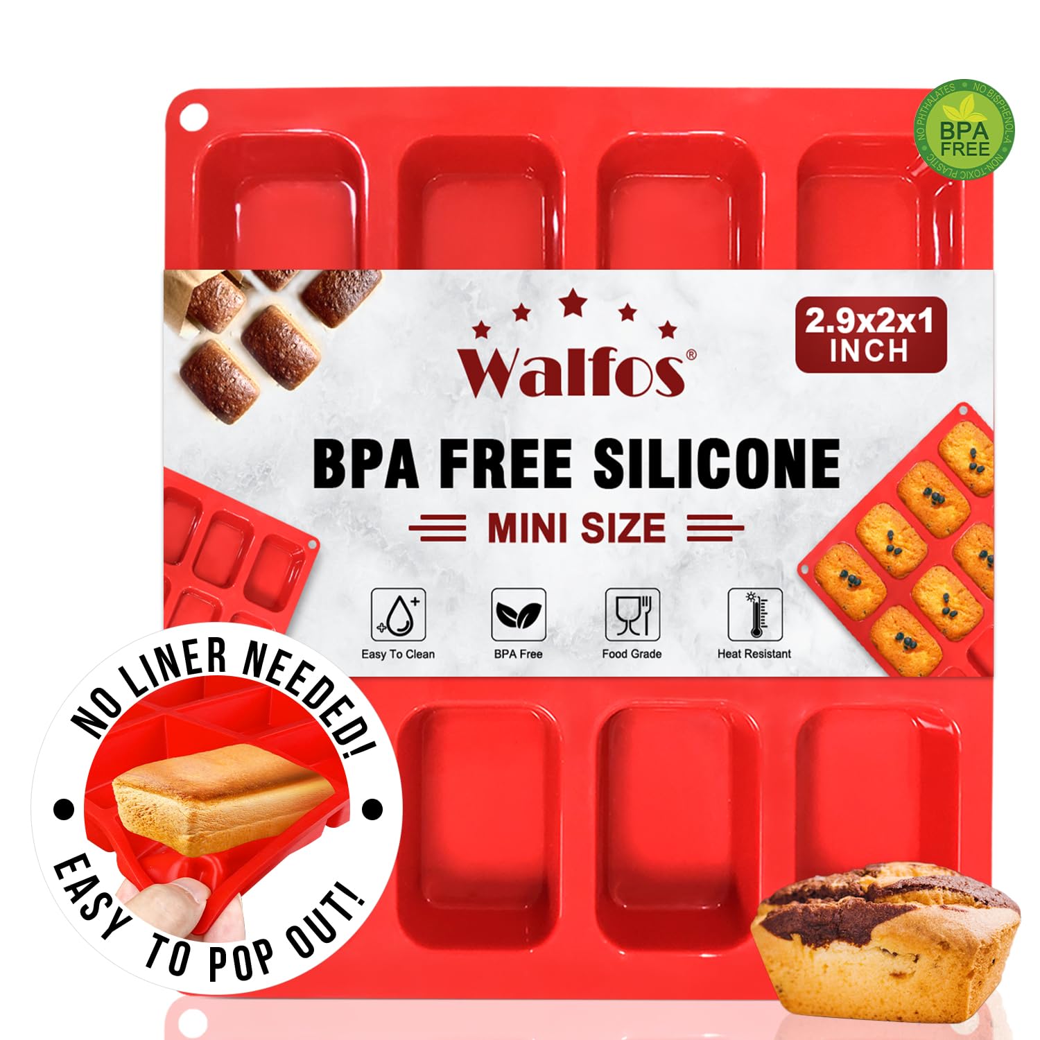 Walfos Silicone Mini Loaf pan, 12 Cavities Mini Bread Pan Brownie Pan, Food Grade & Non-stick, Ideal For Mini Bread, Brownie, Cornbread, Cheesecake & Chocolate