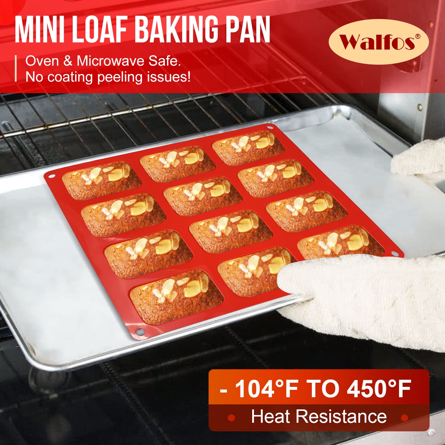 Walfos Silicone Mini Loaf pan, 12 Cavities Mini Bread Pan Brownie Pan, Food Grade & Non-stick, Ideal For Mini Bread, Brownie, Cornbread, Cheesecake & Chocolate