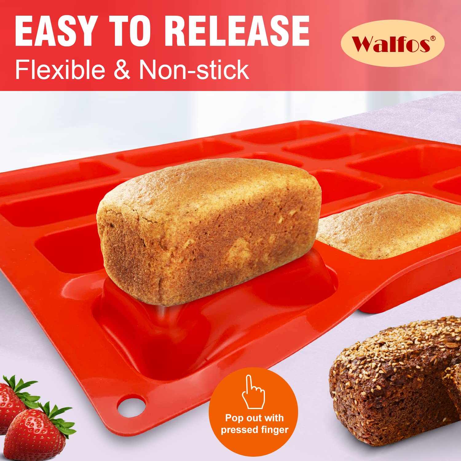 Walfos Silicone Mini Loaf pan, 12 Cavities Mini Bread Pan Brownie Pan, Food Grade & Non-stick, Ideal For Mini Bread, Brownie, Cornbread, Cheesecake & Chocolate