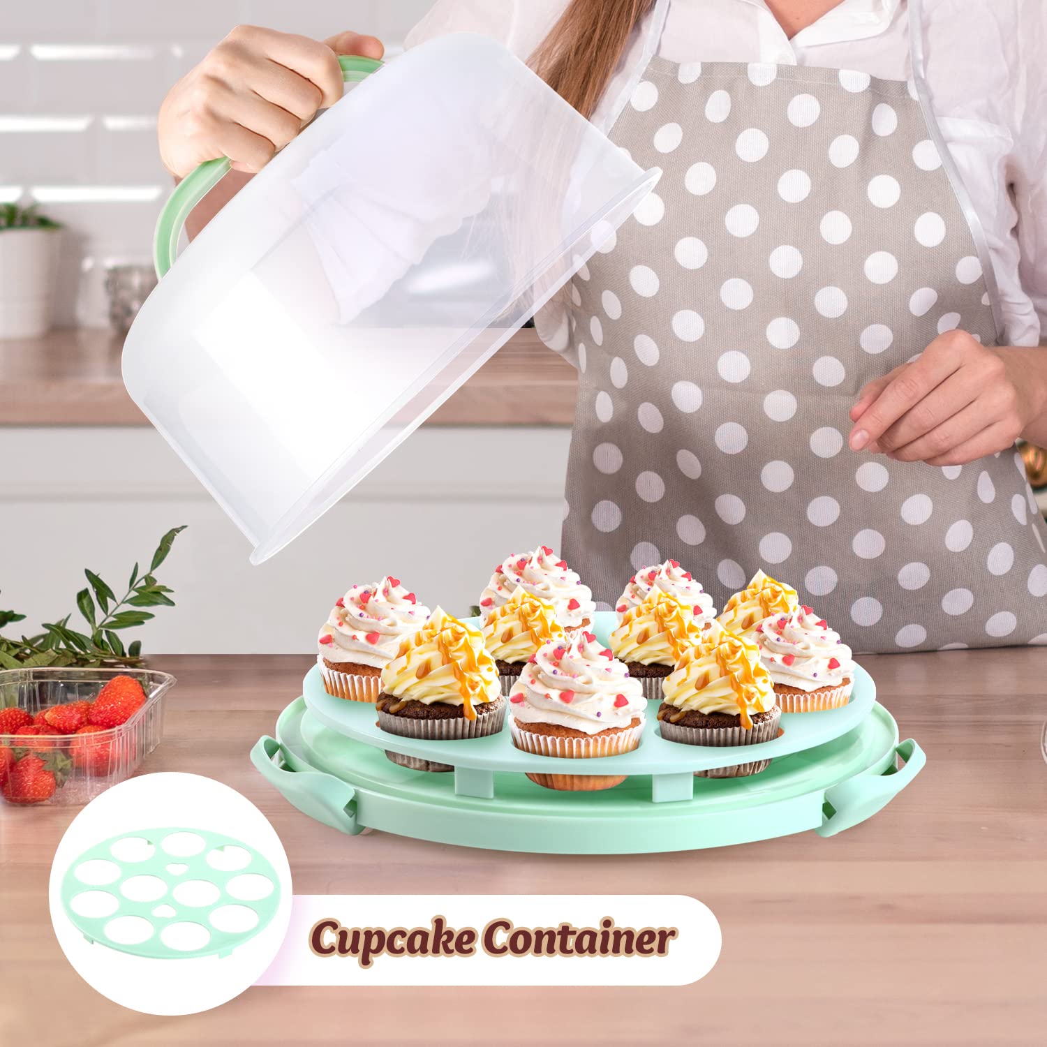 Ohuhu Cake Carrier with Lid and Handle, BPA-Free Cake Containers Cake Holder for 10 inch Cake with 2 Handles Cupcake Carrier - Plastic Cover Two Sided Base for Transport Pies Nuts Fruit Perfect Gifts