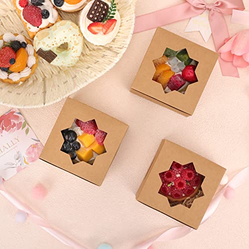 Moretoes 50pcs 4x4x2.5 Inches Brown Bakery Boxes with Window Cookie Boxes Kraft Paper Treat Boxes for Pastries, Small Cakes Box