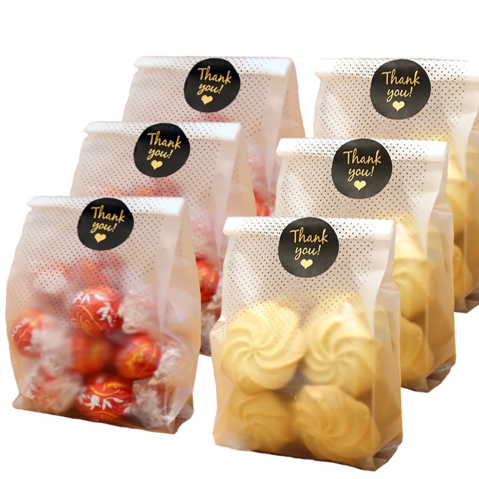 SAILING-GO 100 pcs./Pack Translucent Plastic Bags for Cookie,Cake,Chocolate,Candy,Snack Wrapping Good for Bakery Party with Thank You Stickers