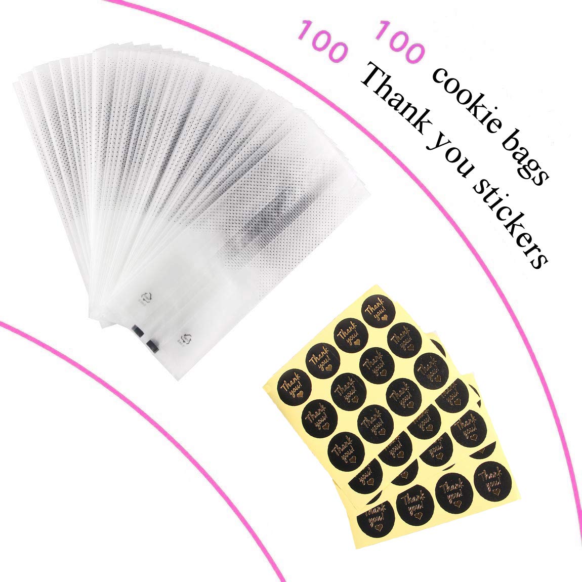 SAILING-GO 100 pcs./Pack Translucent Plastic Bags for Cookie,Cake,Chocolate,Candy,Snack Wrapping Good for Bakery Party with Thank You Stickers