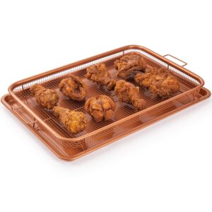 copper crisper tray non-stick oven baking tray with elevated mesh crisping grill basket 2 piece set extra large 13"x19" – by nuovva