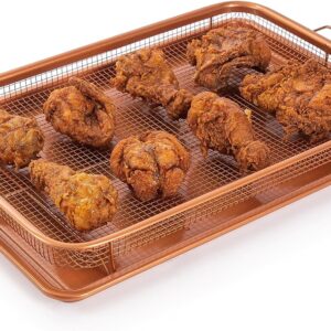 Copper Crisper Tray Non-Stick Oven Baking Tray with Elevated Mesh Crisping Grill Basket 2 Piece Set Extra Large 13"X19" – by Nuovva