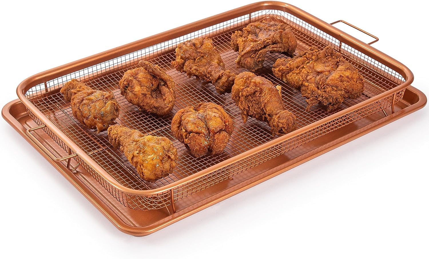 Copper Crisper Tray Non-Stick Oven Baking Tray with Elevated Mesh Crisping Grill Basket 2 Piece Set Extra Large 13"X19" – by Nuovva