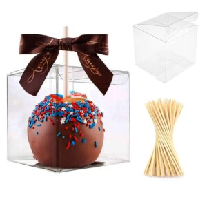 xp-art 30 pcs candy apple boxes with bamboo apple sticks, clear caramel apple box plastic gift cookie makaron cupcake packaging for treats, party favors, 4" l x 4" w x 4" h