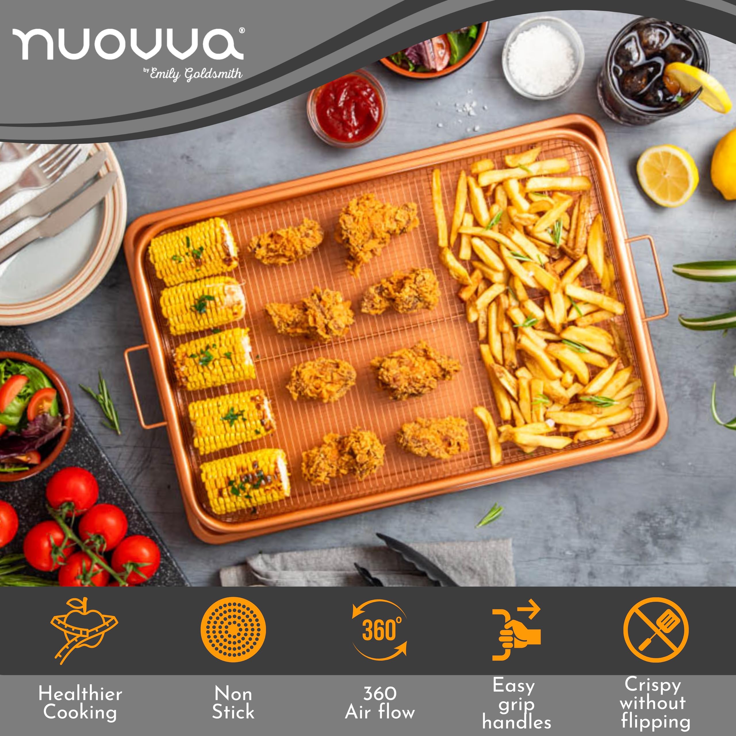 Copper Crisper Tray Non-Stick Oven Baking Tray with Elevated Mesh Crisping Grill Basket 2 Piece Set Extra Large 13"X19" – by Nuovva