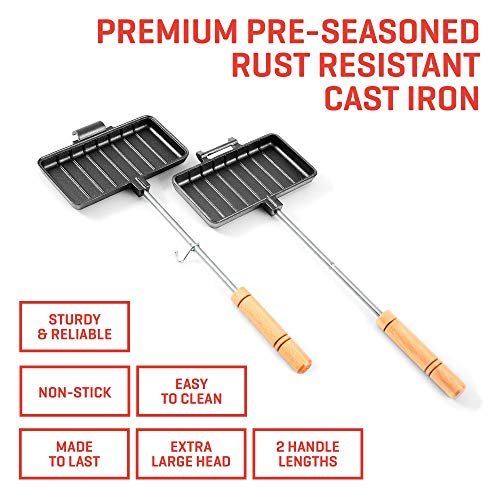 Uno Casa - XL Pie Irons Cast Iron Sandwich Maker - Set of 1, 2 or 4. Mountain Pie Maker, Japanese Sandwich Maker with Recipe Book, Campfire Cooking Equipment - Mountain Pie Maker Cast Iron