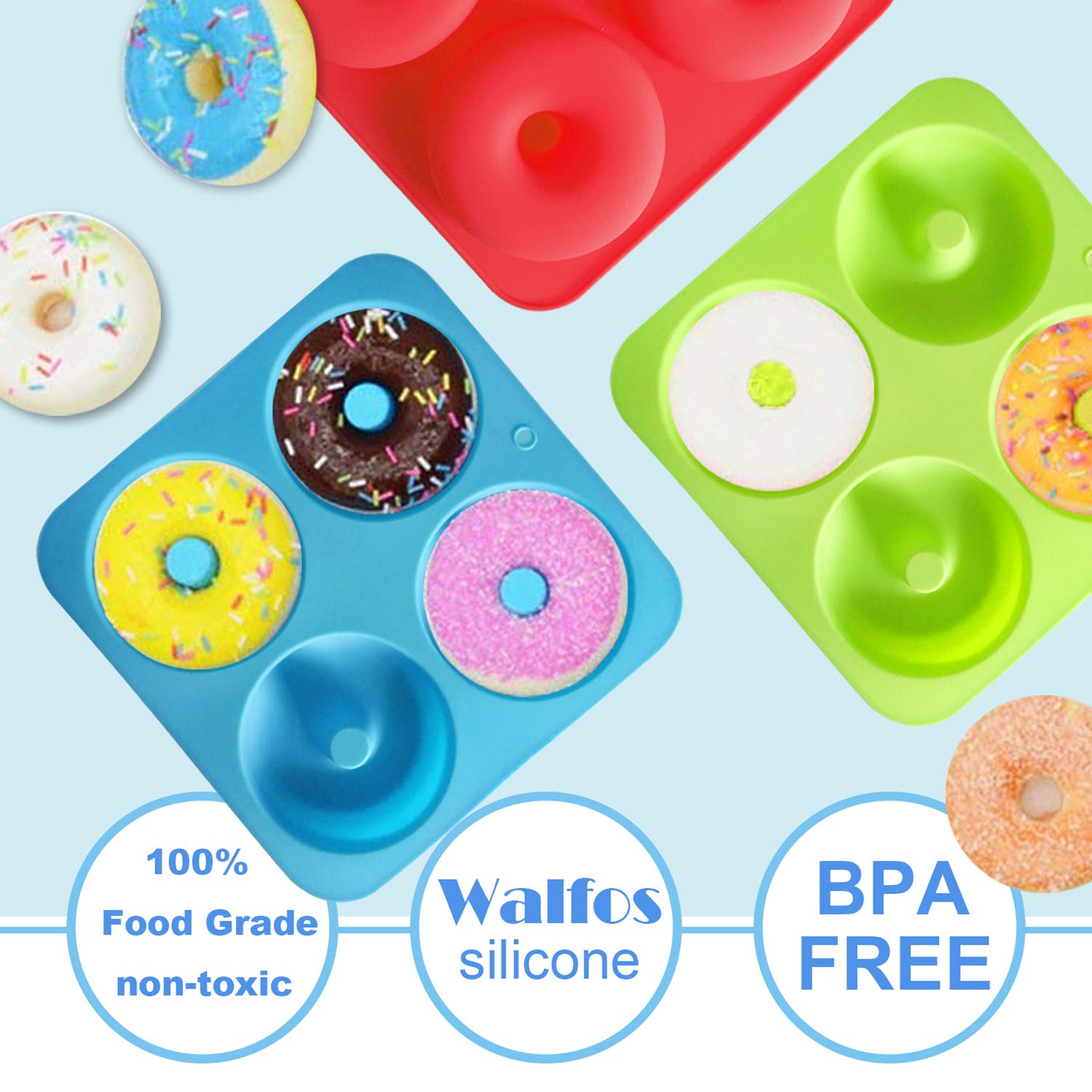 Walfos Full Size Silicone Donut Mold - 4 Inch Big Size Silicone Doughnut Pan Set, Non-Stick, Just Pop Out! Heat Resistant, BPA FREE and Dishwasher Safe, for Donut Cake Biscuit Bagels (3PK)