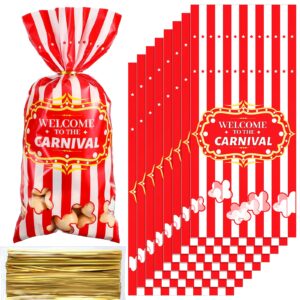 carnival candy bags circus plastic bags carnival party treat bags popcorn pattern party bags goody bags with 100 gold twisted ties for party favor supply cookie cupcake wrapping(simple,100 packs)