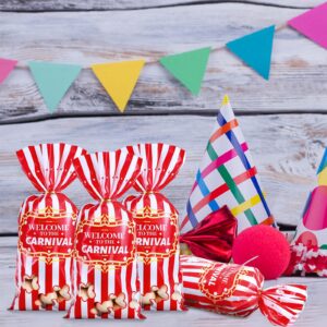 Carnival Candy Bags Circus Plastic Bags Carnival Party Treat Bags Popcorn Pattern Party Bags Goody Bags with 100 Gold Twisted Ties for Party Favor Supply Cookie Cupcake Wrapping(Simple,100 Packs)